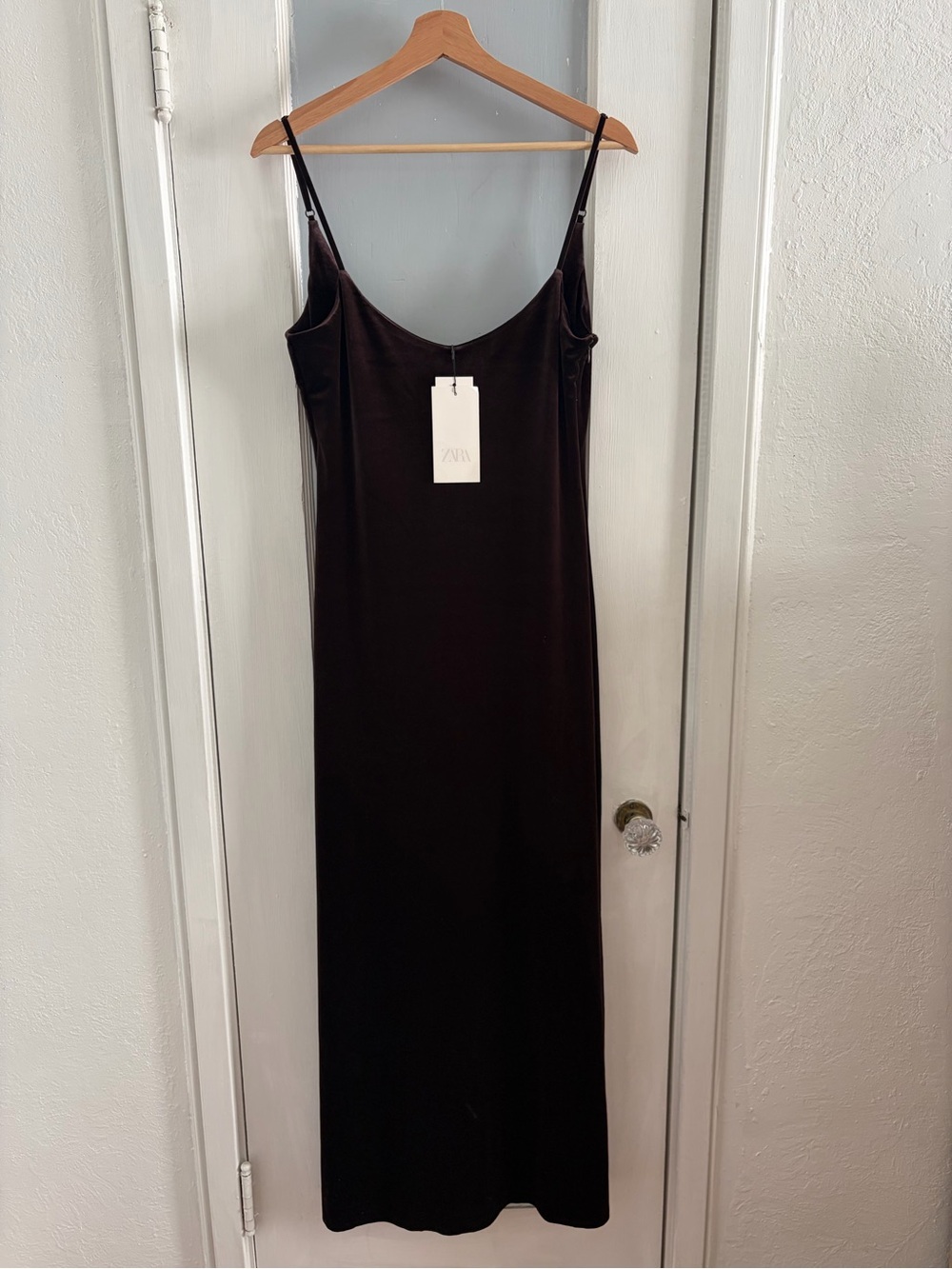 Zara Brown Velvet Slip Maxi Dress with spaghetti Straps